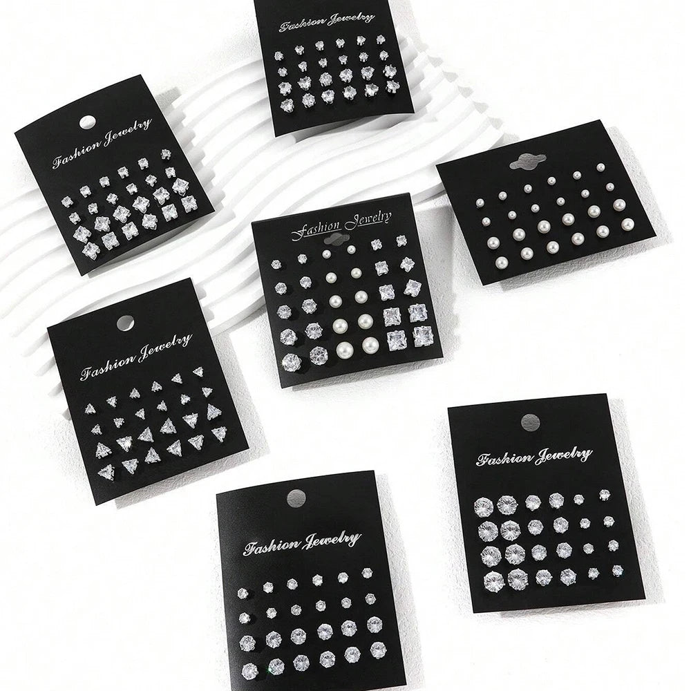 12-Pair Set Zircon Crystal Stud Earrings – Silver Color Round Ear Jewelry for Women and Men