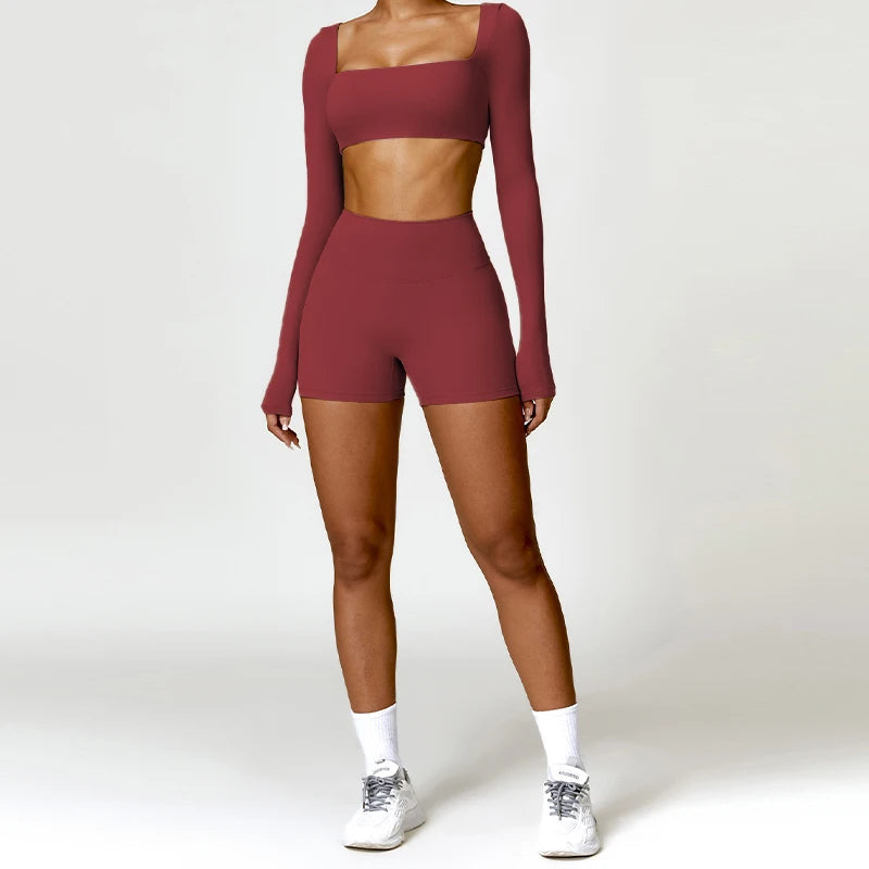 2PCS Quick-Dry Yoga Workout Set – Long Sleeve Top & High Waist Leggings for Women