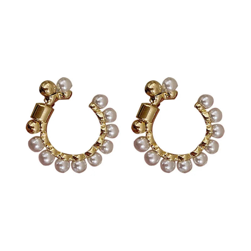 C-Shape Metal Pearl Stud Earrings – Fashionable Irregular Design for Women and Girls