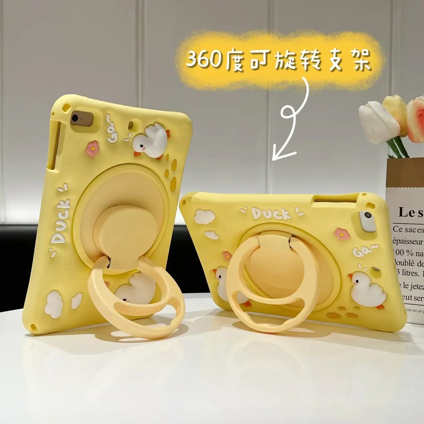360° Rotating Duck Case for iPad 10.2, 10.5, 10.9 – Kids Cartoon Shockproof Tablet Cover with Stand for Air & Pro Models