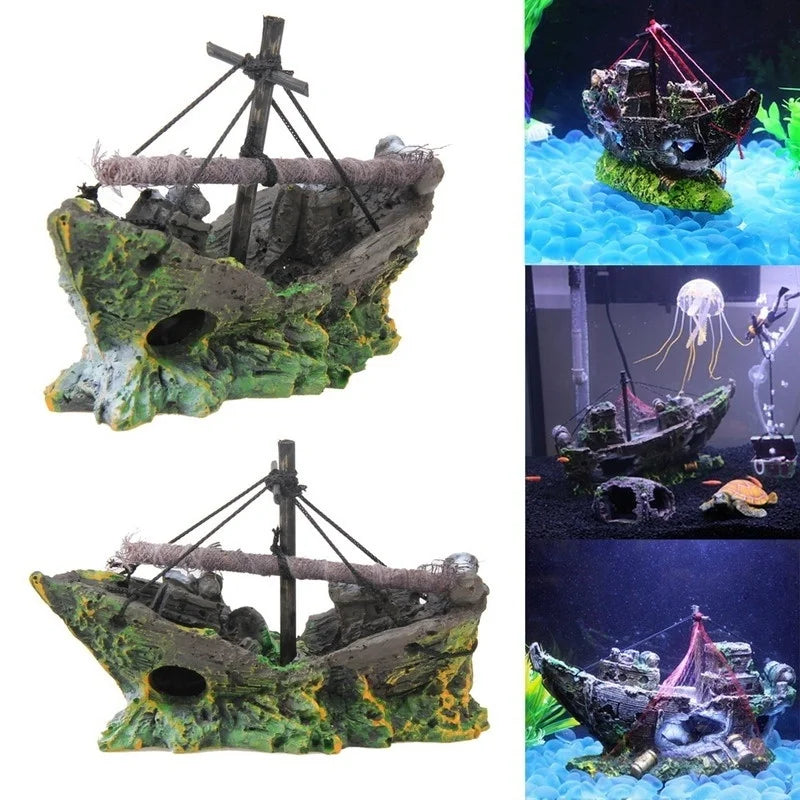 Vintage Pirate Ship Wreck Aquarium Decoration – Resin Sunken Boat Ornament for Fish Tank Landscape and Nautical Aquascaping