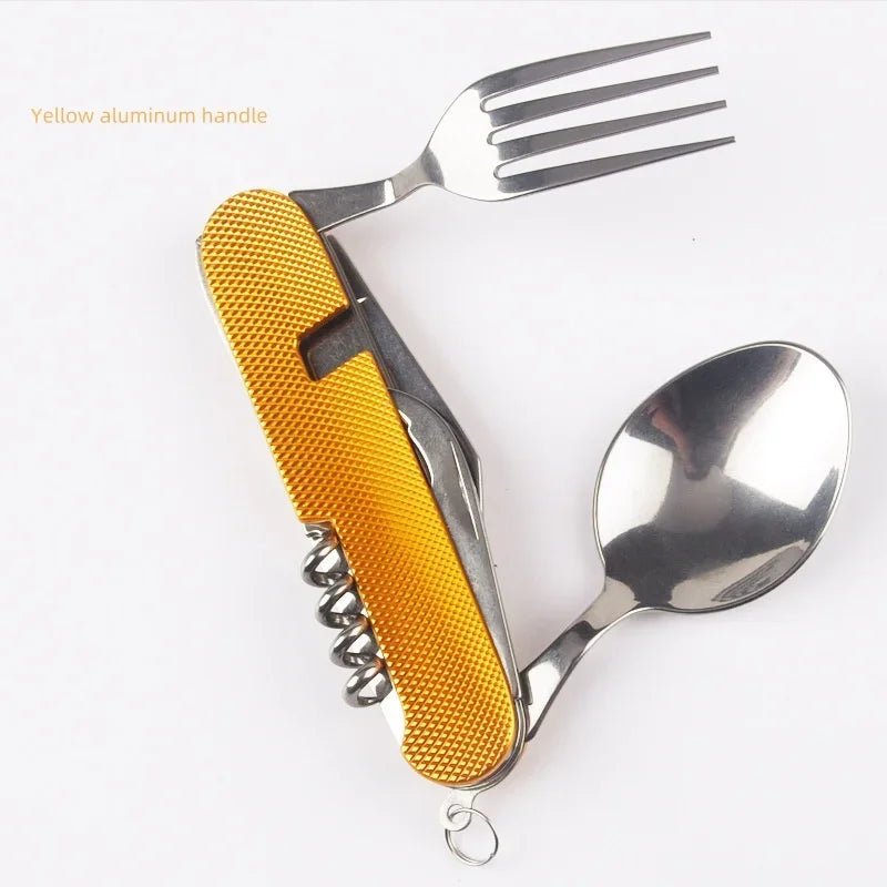6-in-1 Foldable Camping Utensil Set – Stainless Steel Knife, Fork & Spoon Combo with Bottle Opener for Outdoor, Travel, and Picnic Use