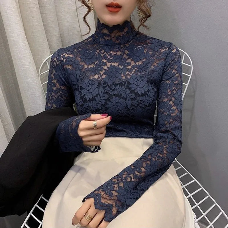 Versatile High Neck Lace Blouse – Elegant Slim Fit with Mock Neckline and Lace Trim