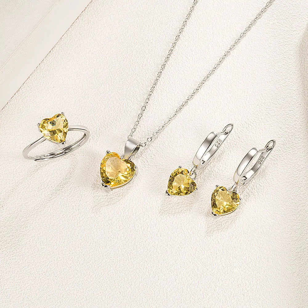 925 Sterling Silver Heart Zircon Jewelry Set – Necklace, Earrings & Ring for Women, Elegant Wedding & Engagement Accessory