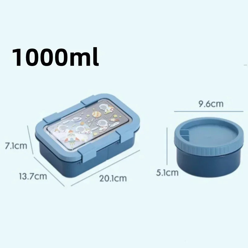 Cartoon Compartment Lunch Box for Kids – Leakproof Bento with Soup Bowl and Utensils, Microwave-Safe Meal Storage