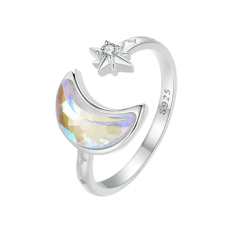 Sterling Silver Adjustable Moon and Star Ring – 925 Silver Cocktail Jewelry for Women