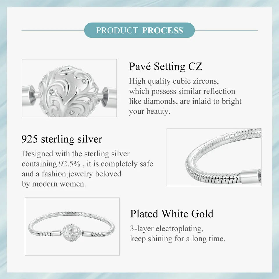 Sterling Silver Snake Chain Charm Bracelet with Retro Clasp – Adjustable 17–19cm Gift for Women