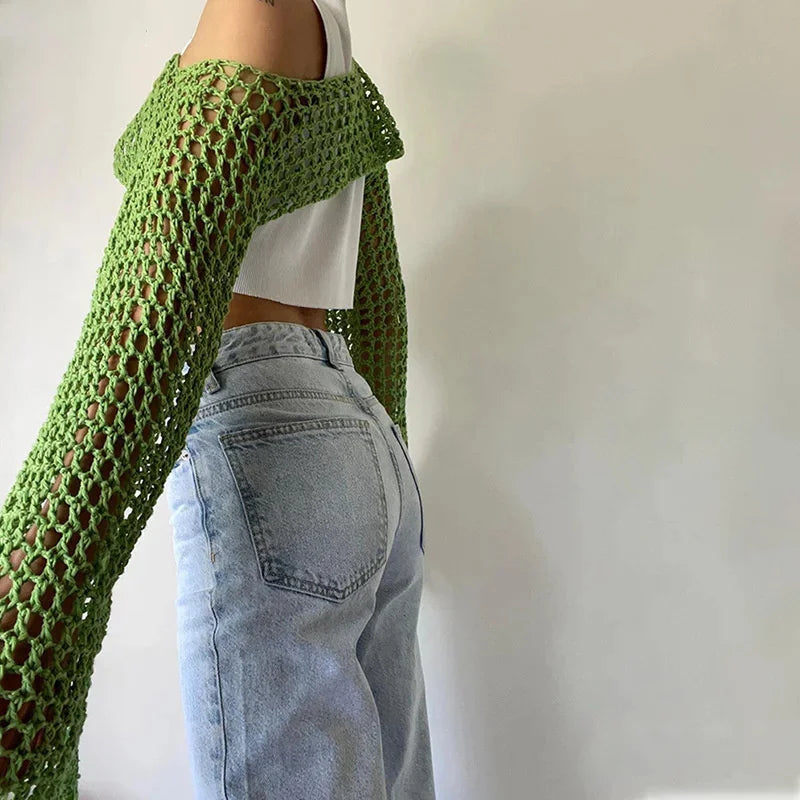 Y2K Green Smocked Knit Crop Top – Backless Hollow Out Long Sleeve Party Blouse for Women