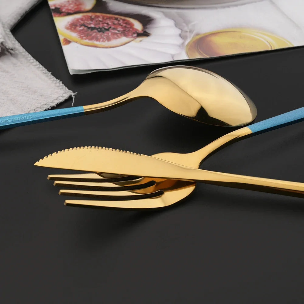 16Pcs Green and Gold Stainless Steel Dinnerware Set – Elegant Flatware Cutlery with Knife, Fork, Spoon, and Teaspoon