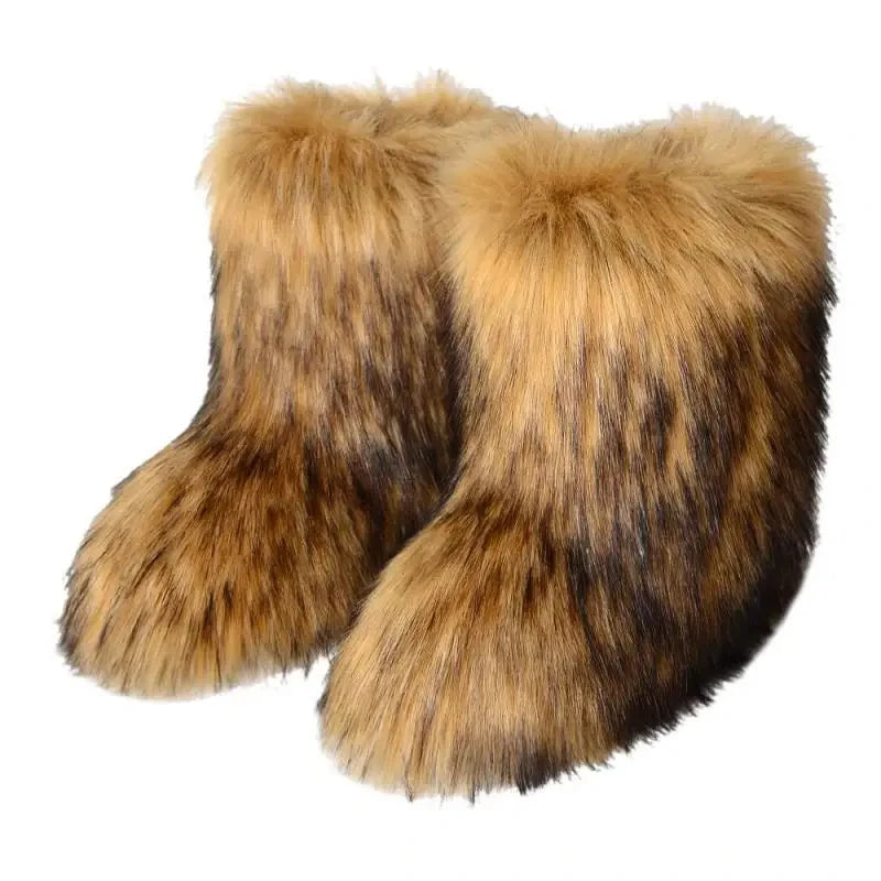 Women's Faux Fur Winter Snow Boots – Mid-Calf Plush Furry Slip-On Boots with Warm Lining and Rubber Sole