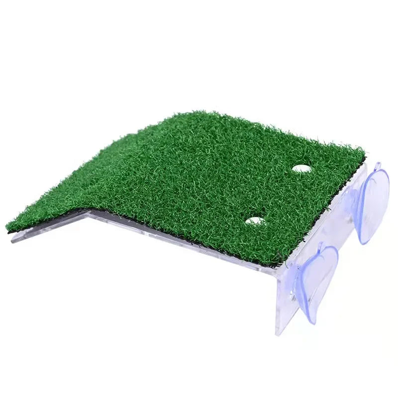 Turtle Basking Platform with Grass Ramp – S/M/L Floating Island Terrace for Reptile Habitat – Aquarium Rest Resting Dock with Suction Cups