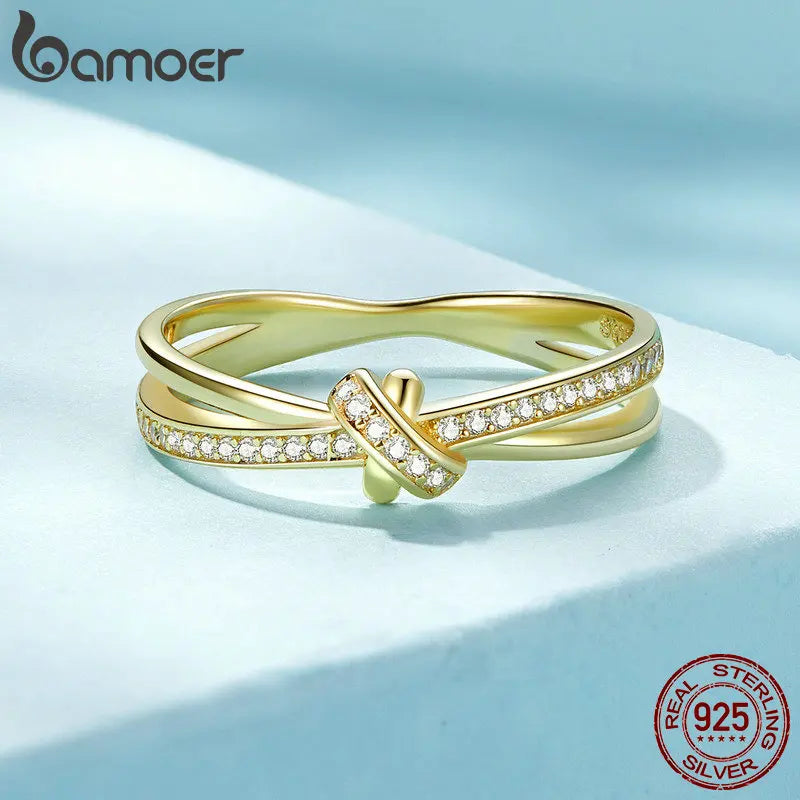925 Sterling Silver Double Layer Knot Ring for Women – Stackable Cocktail Ring with Zircon Accents