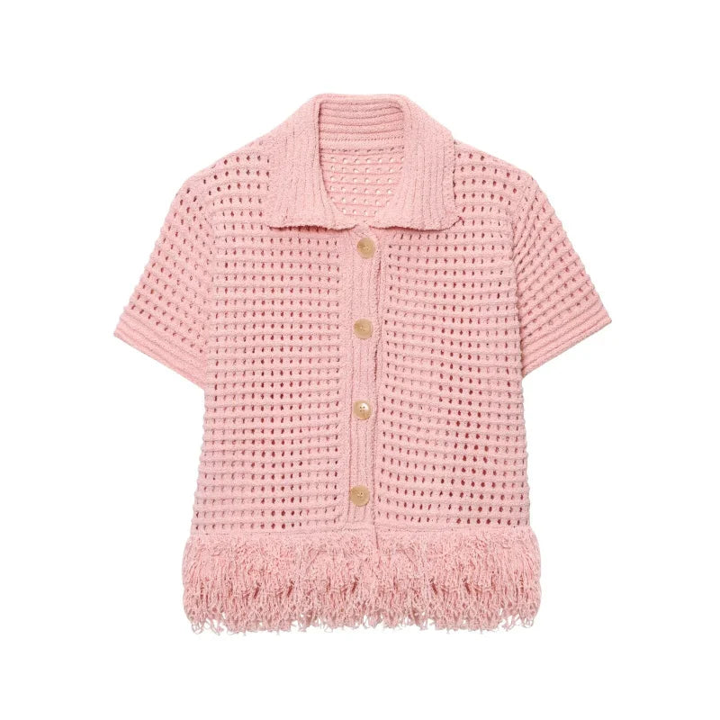 Women's Elegant Knit Two-Piece Set – Tassel Embellished Hollow Out Short Sleeve Blouse & Mini Skirt