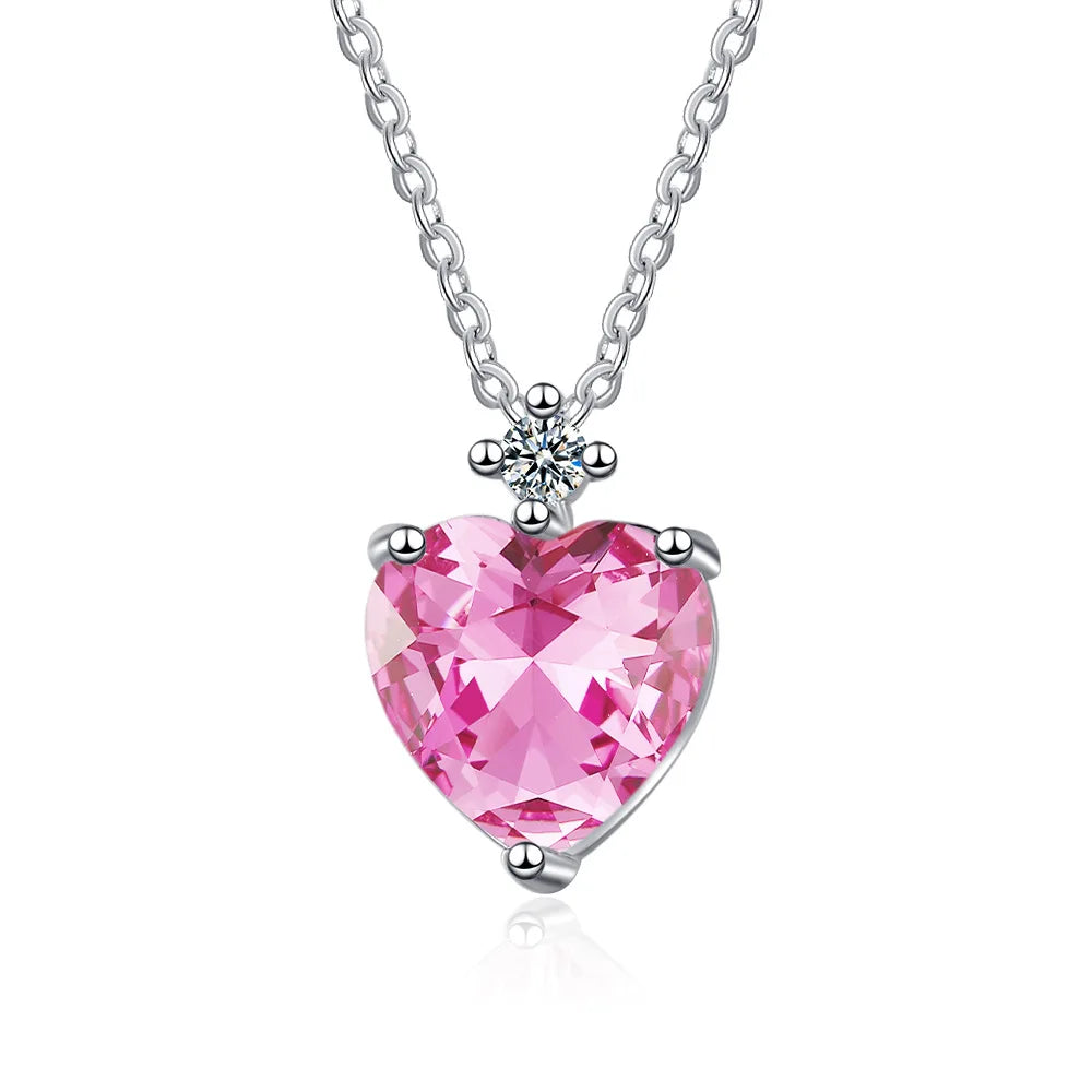 925 Sterling Silver Pink Heart Zircon Necklace – Romantic Chain Necklace for Women