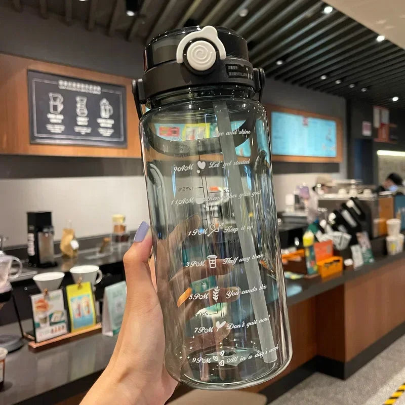 1.5L/2L Large Capacity Sports Water Bottle with Straw – Time Marker Plastic Travel Cup for Cold Juice & Hydration