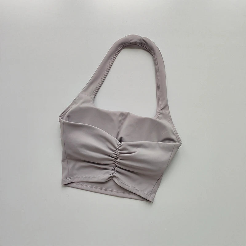 Women's Pleated Halter Sports Bra – Padded, Backless, Stylish Summer Activewear