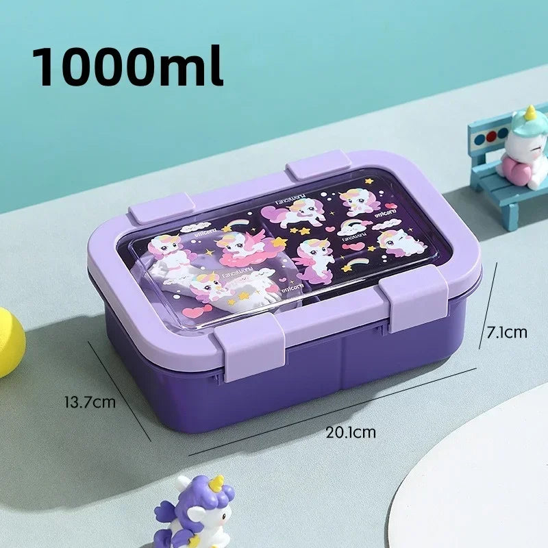 Cartoon Compartment Lunch Box for Kids – Leakproof Bento with Soup Bowl and Utensils, Microwave-Safe Meal Storage