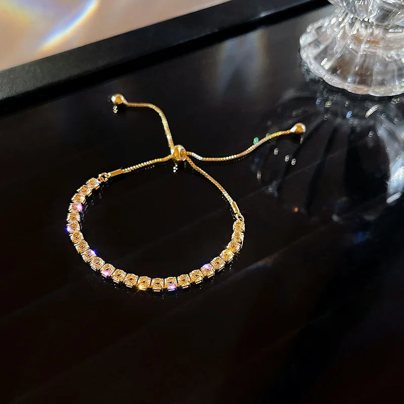 18K Gold Plated Adjustable Bracelet for Women – Rhinestone Heart Link with Square Zircon Charm