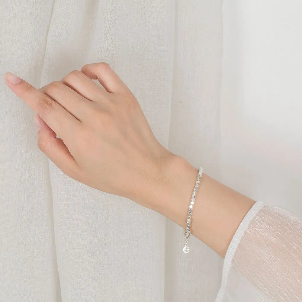 925 Sterling Silver Geometric Irregular Bead Chain Bracelet – Elegant Charm Jewelry for Women’s Party or Wedding Look