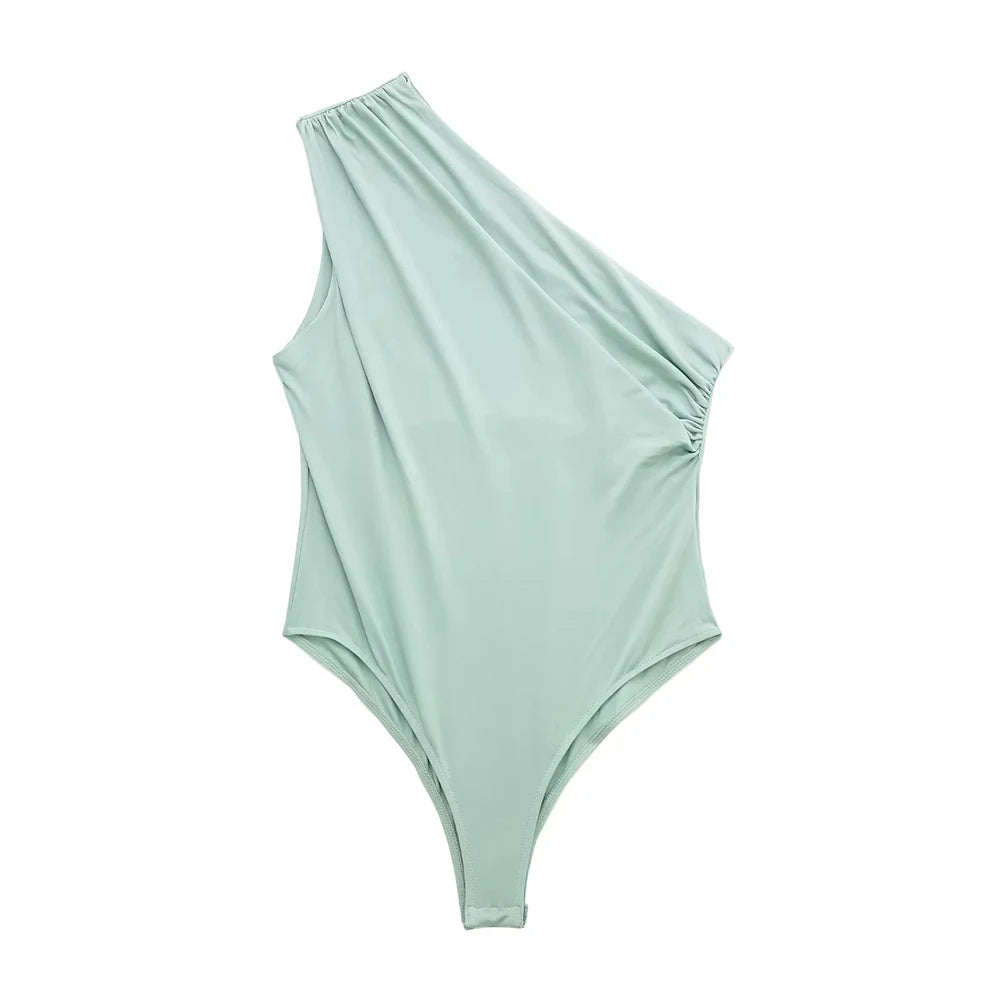 Asymmetric One-Shoulder Bodysuit with Ruched Detail and Snap Closure – Sexy Wide-Strap Clubwear for Women
