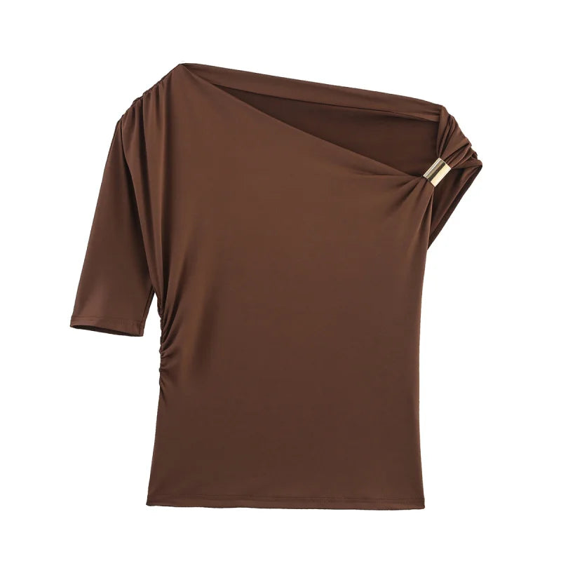 Women's Elegant Asymmetric Off-Shoulder Slim T-Shirt – Sexy Short Sleeve Casual Top for Summer Night Out