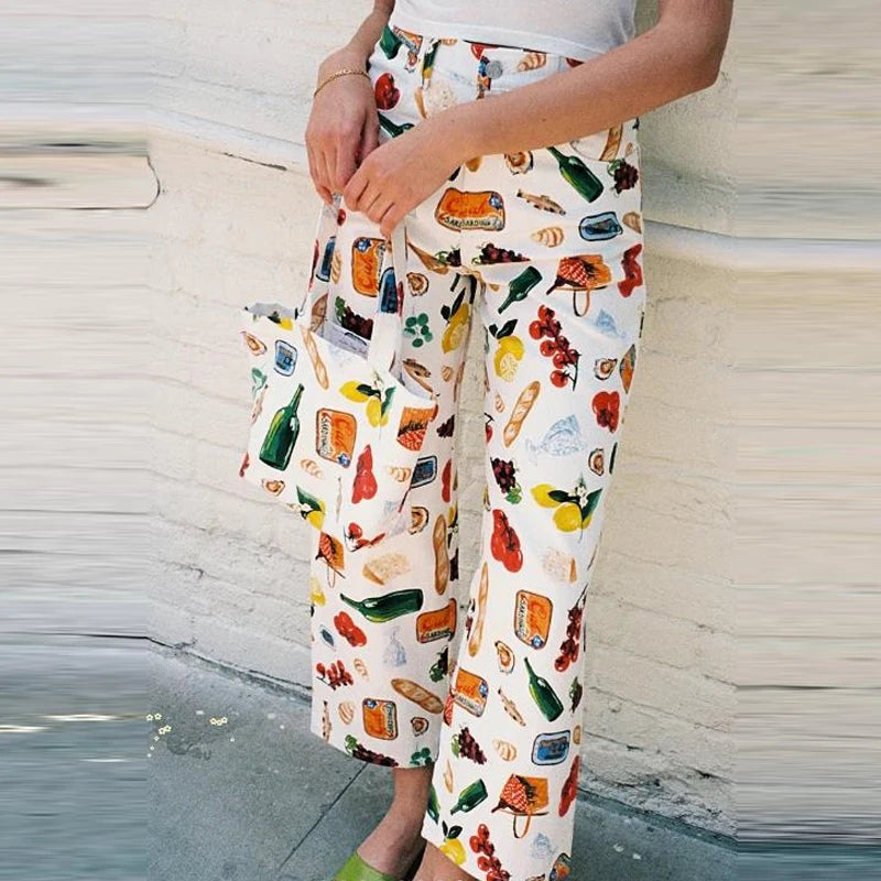 Women's Y2K Fruit Print Wide Leg Jeans – High Waist Loose Fit Straight Denim Pants with Pockets for Vintage Streetwear