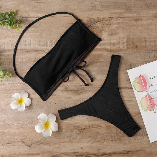 Sexy Push-Up Thong Bikini Set – Low-Waist Brazilian Split Swimsuit for Women, Gothic Street Style