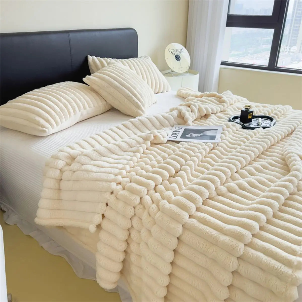 Solid Color Thickened Striped Blanket – Multifunctional Polyester Cover for Bed, Sofa, Naps, and Pets