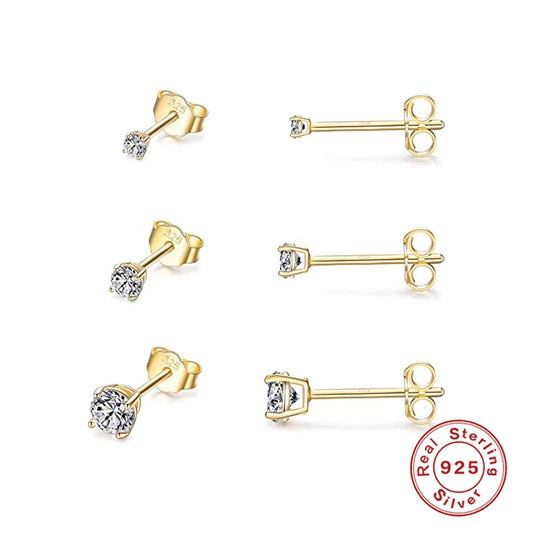 925 Sterling Silver 3-Piece Stud Earrings Set for Women – 18K Gold-Plated, Irregular Mini Design Fine Jewelry