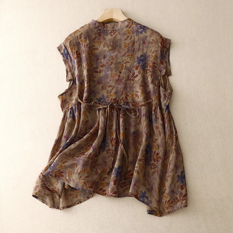 Vintage Floral Linen Blend Sleeveless Blouse – O-Neck Button-Front Spring Top for Women