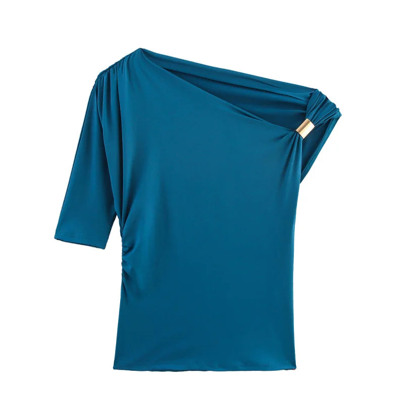 Women's Elegant Asymmetric Off-Shoulder Slim T-Shirt – Sexy Short Sleeve Casual Top for Summer Night Out