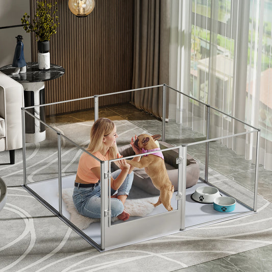 Acrylic Dog Playpen with Door & Waterproof Whelping Pad – 8 Panel Transparent Pet Fence for Puppies, Cats & Small Animals