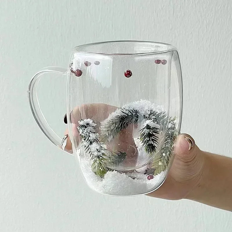 200/350ml Double Wall Glass Christmas Mug – Pine Leaf Snow Scene Coffee Cup, Heat-Insulated Holiday Drinkware