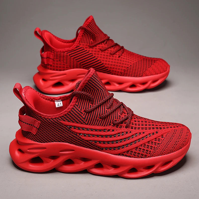 Unisex Red Mesh Running Shoes – Breathable Lightweight Slip-On Sneakers with EVA Cushioning, Flying Weave Gym & Outdoor Footwear for Tennis or Long Distance