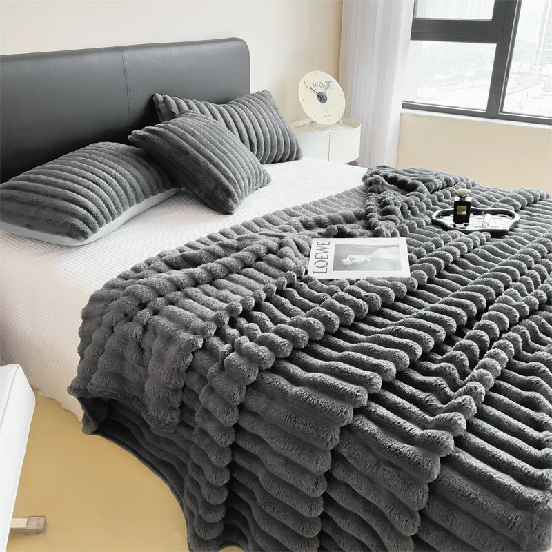 Solid Color Thickened Striped Blanket – Multifunctional Polyester Cover for Bed, Sofa, Naps, and Pets