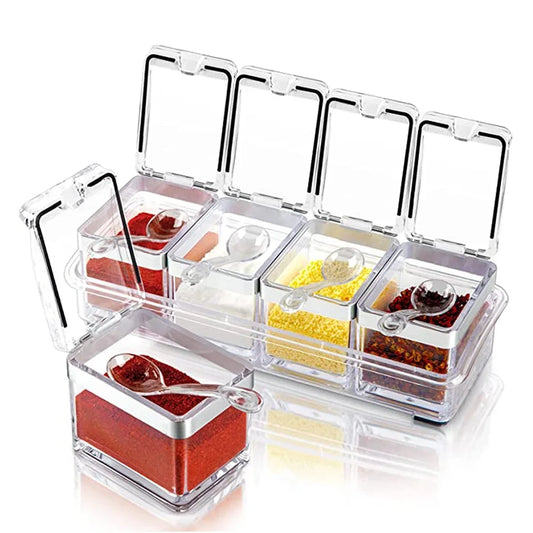 Clear Seasoning Box Set – 4 Crystal Spice Containers with Lids & Spoons, Compact Organizer for Kitchen or Camping