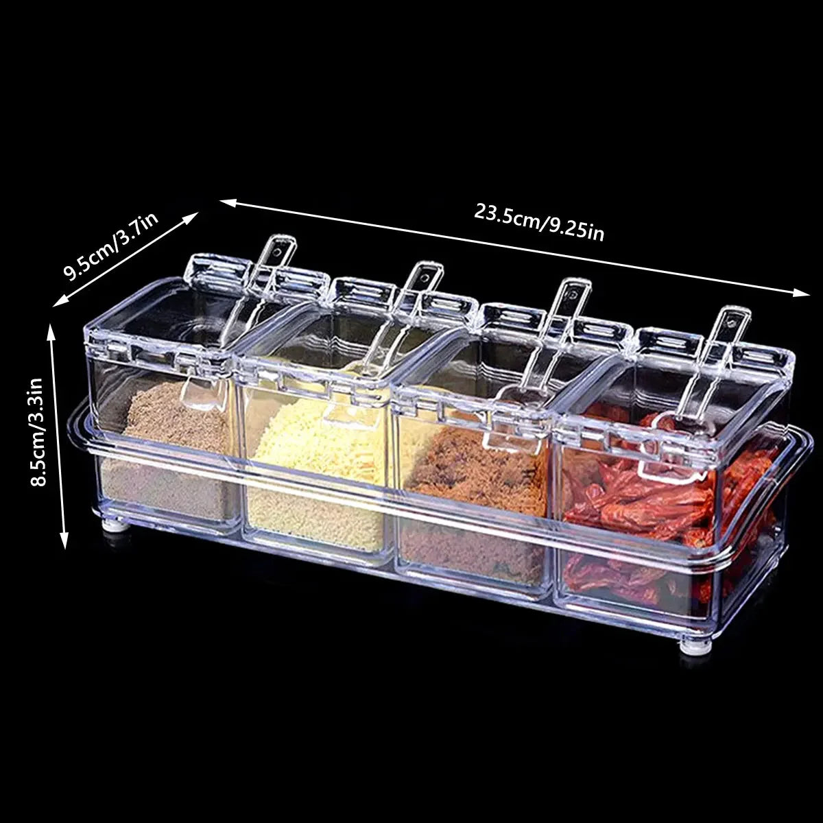 Clear Seasoning Box Set – 4 Crystal Spice Containers with Lids & Spoons, Compact Organizer for Kitchen or Camping