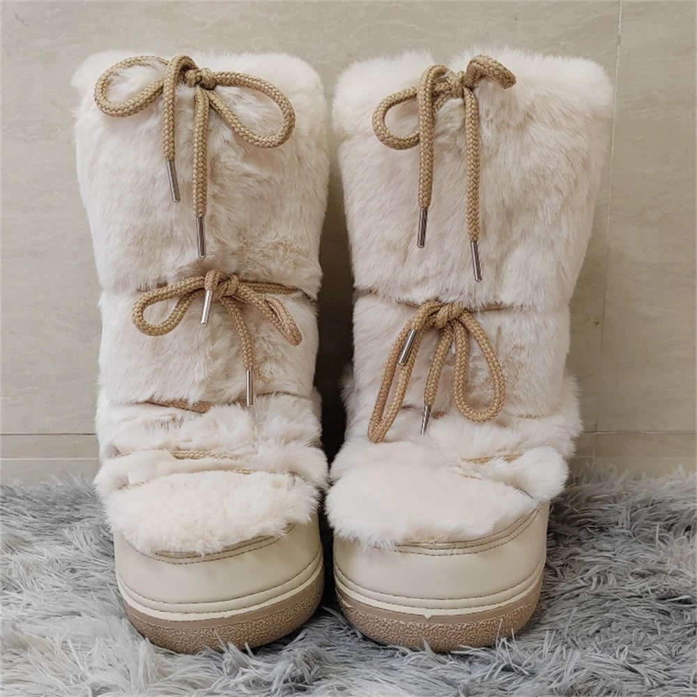 Women's Mid-Calf Snow Boots with Faux Rabbit Fur – Waterproof Winter Platform Ski Boots