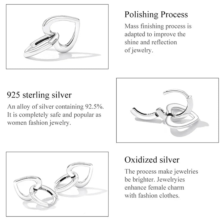 Sterling Silver Heart Drop Earrings – Simple Love Ear Buckles for Women in 925 Silver