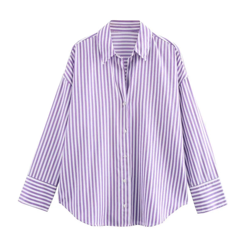 Women's Striped Poplin Button-Down Shirt – Loose Fit, Long Sleeve, Casual Lapel Top