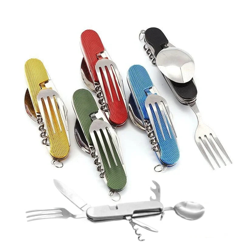 6-in-1 Foldable Camping Utensil Set – Stainless Steel Knife, Fork & Spoon Combo with Bottle Opener for Outdoor, Travel, and Picnic Use
