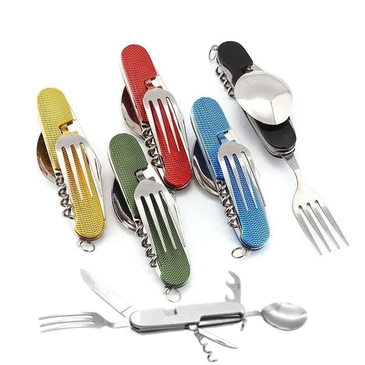 6-in-1 Foldable Camping Utensil Set – Stainless Steel Knife, Fork & Spoon Combo with Bottle Opener for Outdoor, Travel, and Picnic Use