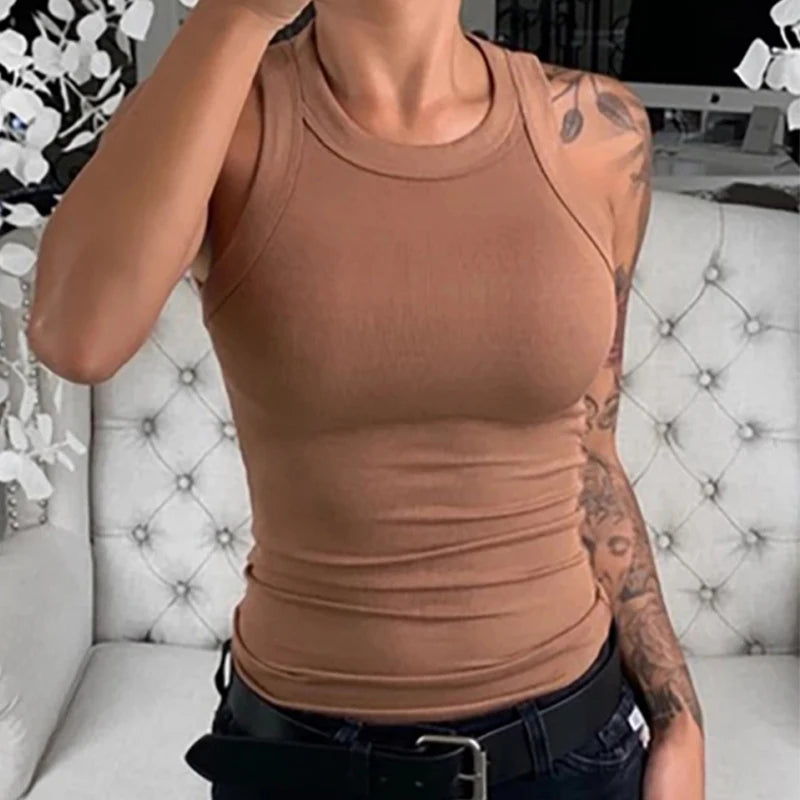 Women's Ribbed Round Neck Tank Top – Solid Color Elastic Cotton Camisole for Summer Casual Wear