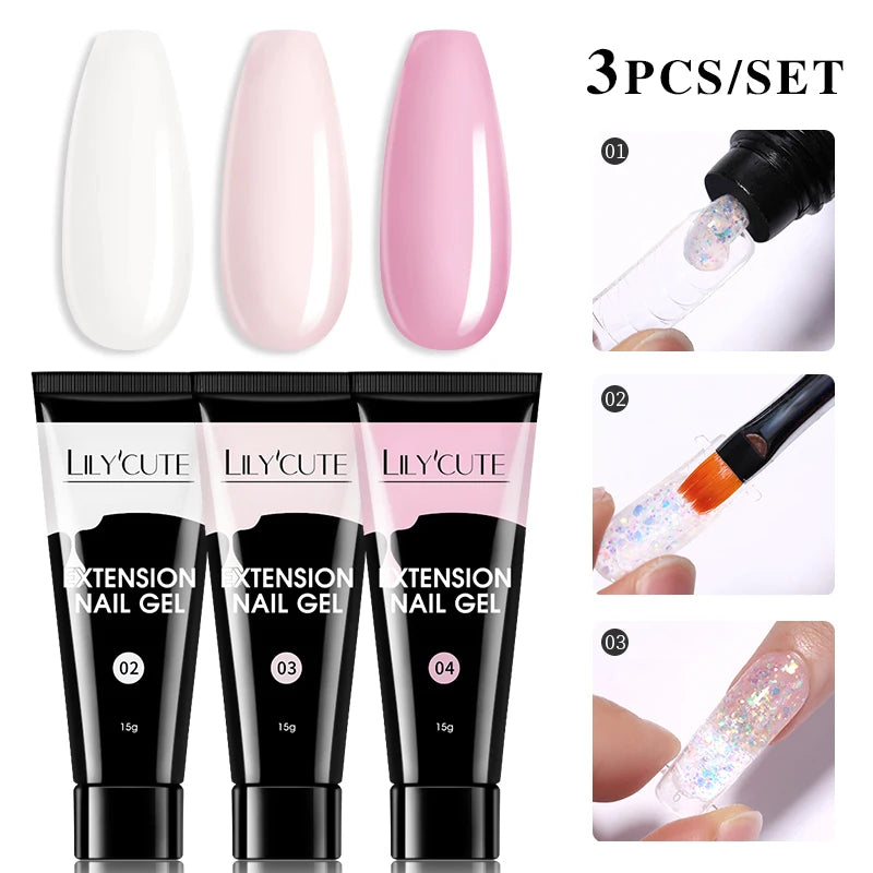 15ml Nail Extension Gel Kit – Soak Off UV Acrylic Gel in White, Clear & Pink for Home or Salon Nail Art