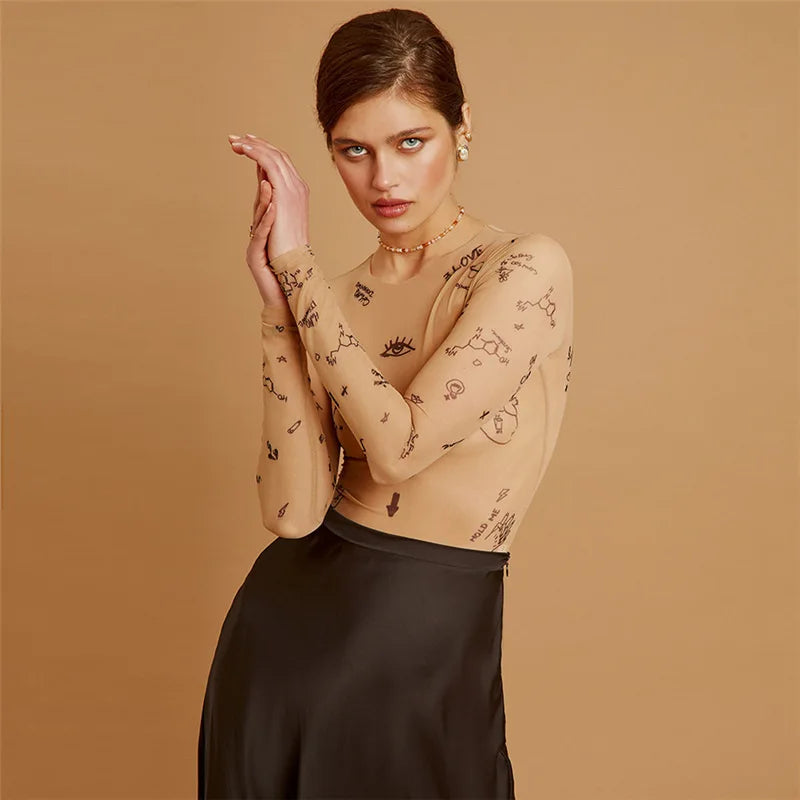 Women's Sexy Printed Long Sleeve Bodysuit – Tight-Fit O-Neck One-Piece Romper for Summer Party and Clubwear