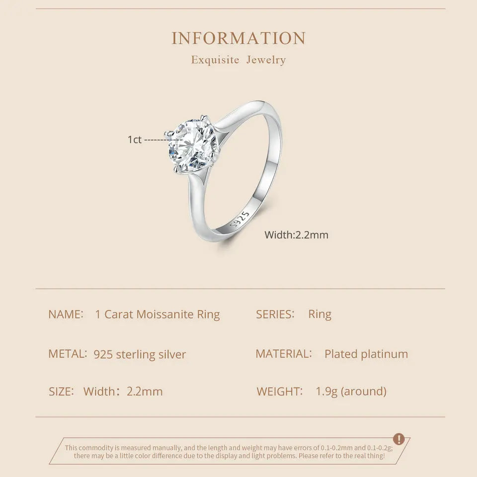 1.0CT D Color Moissanite Engagement Ring – Round Cut VVS1 Stone in 925 Sterling Silver Prong Setting