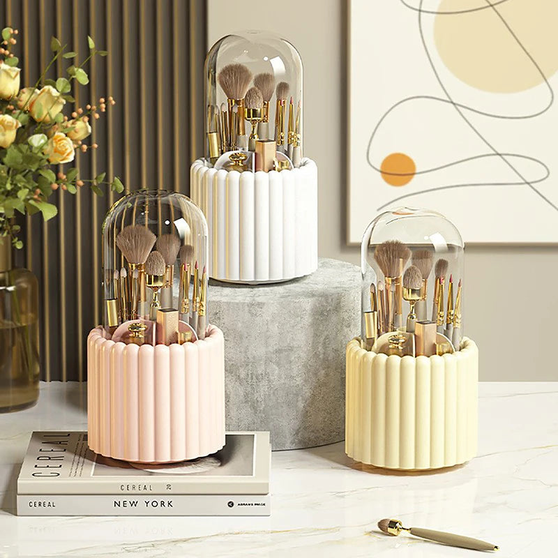 360° Rotating Makeup Brush Holder with Lid – Dustproof Lipstick & Cosmetic Organizer Storage Box