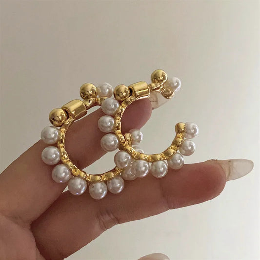 C-Shape Metal Pearl Stud Earrings – Fashionable Irregular Design for Women and Girls