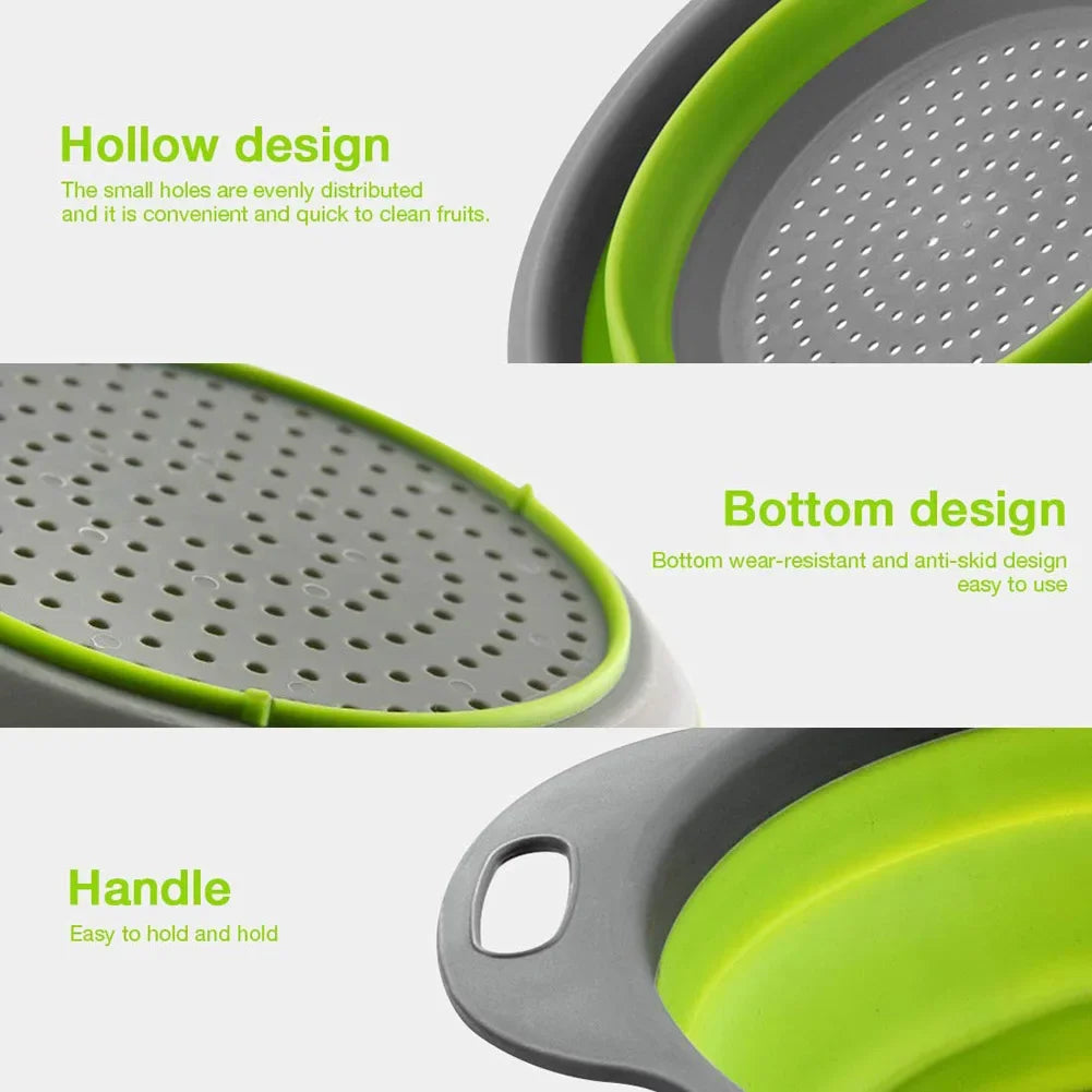 Collapsible Silicone Round Colander – Folding Vegetable & Fruit Washing Drain Basket