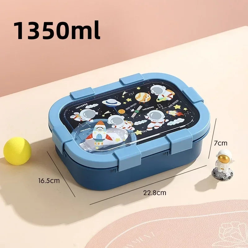 Cartoon Compartment Lunch Box for Kids – Leakproof Bento with Soup Bowl and Utensils, Microwave-Safe Meal Storage